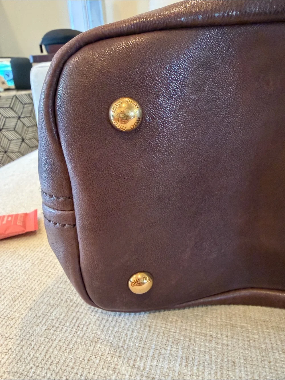 Miu Miu Dark Brown Leather Tote with Gold Hardware